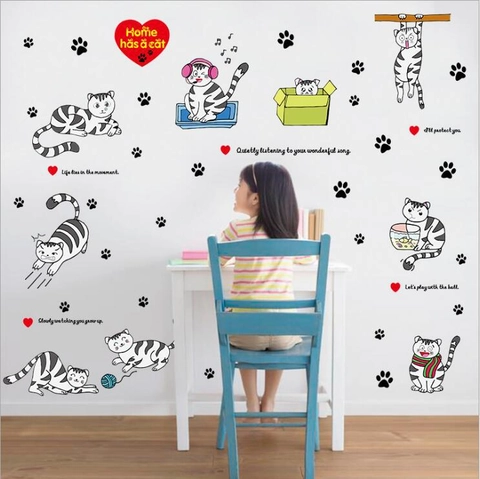 Cartoon Cat Paw Print Removable PVC Wall Sticker With English Quotes For Kids Room Bedroom Home Decor DIY Art Mural
