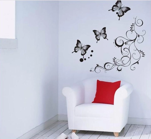 Adesivo da Parete Rimovibile Con Vite di Fiori Neri e Farfalla DIY PVC Impermeabile Decalcomania per Soggiorno Camera da Letto Casa