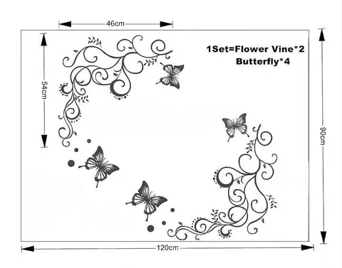 Adesivo da Parete Rimovibile Con Vite di Fiori Neri e Farfalla DIY PVC Impermeabile Decalcomania per Soggiorno Camera da Letto Casa