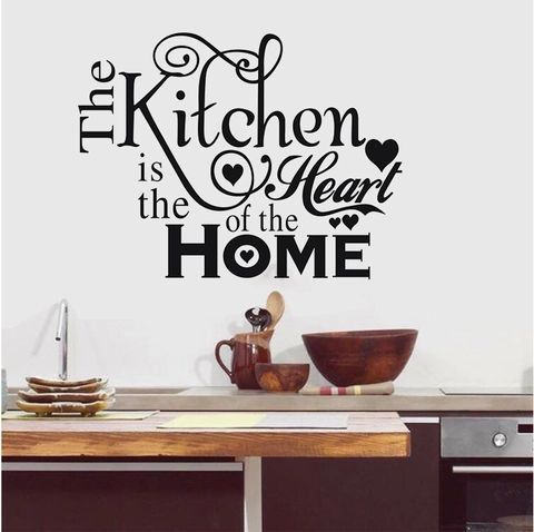 Αυτοκόλλητο Τοίχου The Kitchen Is The Heart Of The HOME Μοντέρνο PVC Αδιάβροχο Μαύρο Ρητό Καρδιά Διακόσμηση Κουζίνας