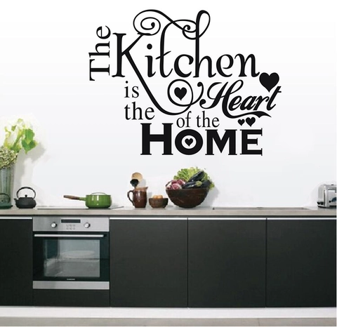 Αυτοκόλλητο Τοίχου The Kitchen Is The Heart Of The HOME Μοντέρνο PVC Αδιάβροχο Μαύρο Ρητό Καρδιά Διακόσμηση Κουζίνας