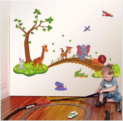 Cartoon Bos Dieren Olifant Giraffe Muurstickers PVC Waterdicht Verwijderbaar Muurkunst Voor Kinderkamer Decor