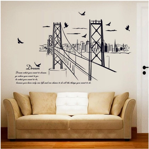 Moderne San Francisco Brug Silhouet Muursticker Droom Citaat Zwart PVC DIY Verwijderbare Muurschildering Voor Woonkamer Decor