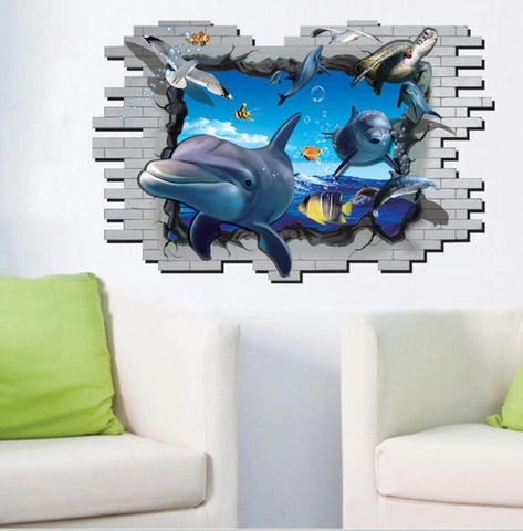 Adesivo da Parete 3D Delphino Mondo Oceanico Impermeabile PVC Vita Marina Effetto Muro Rotto Per Soggiorno Camera Bambini