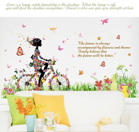 Modern PVC Floral Girl Riding Bicycle Wall Sticker Cartoon Butterfly Grass Removable Decorative Wall Decal For Bedroom Living Room