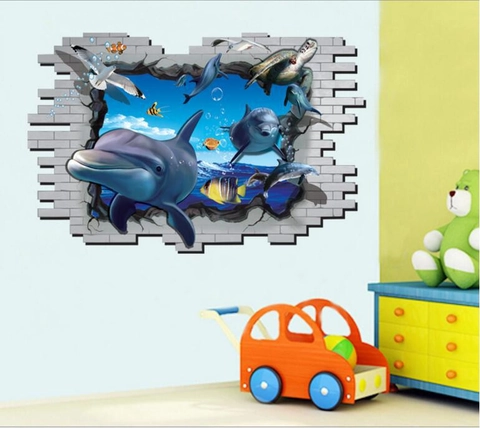 Adesivo da Parete 3D Delphino Mondo Oceanico Impermeabile PVC Vita Marina Effetto Muro Rotto Per Soggiorno Camera Bambini