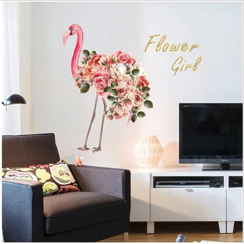 Flamingo Roos Flower Girl Muursticker PVC Waterdichte Kunst Muurschildering Voor Slaapkamer Woonkamer Kast Home Decor