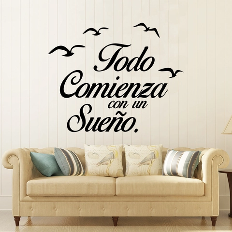 Spanish Todo Comienza Con Un Sueno Quote Wall Decal With Birds PVC Waterproof Sticker For Living Room Bedroom Home Decor