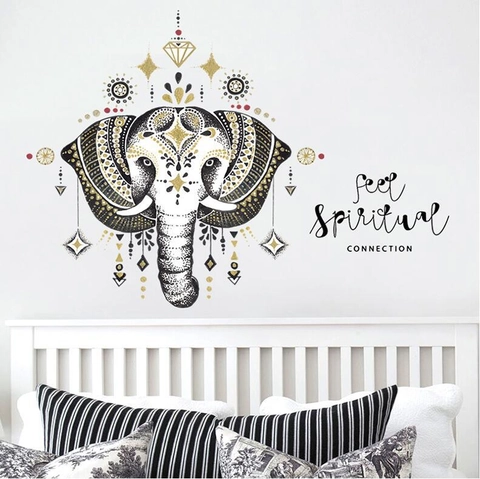 Pegatina De Pared Cabeza De Elefante Mandala Bohemio PVC Impermeable Removible DIY Decoración Hogar Para Sala De Estar