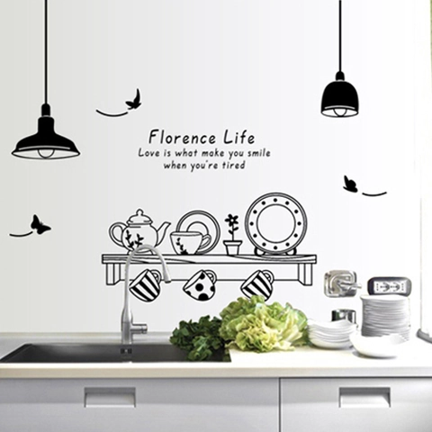PVC Waterproof Kitchen Wall Sticker Black Chandelier Tableware Pattern Removable Wall Decal For Restaurant Dining Room Decor