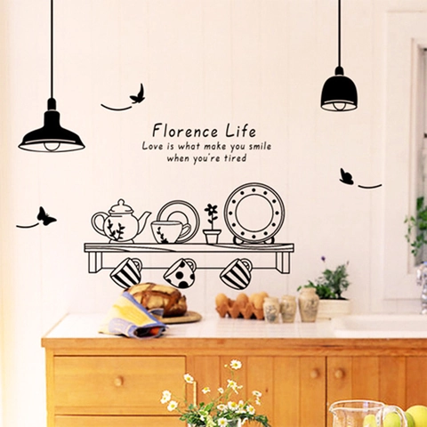PVC Waterproof Kitchen Wall Sticker Black Chandelier Tableware Pattern Removable Wall Decal For Restaurant Dining Room Decor