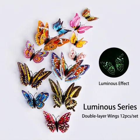 12 Stück 3D Leuchtende Schmetterling Wandaufkleber Doppellagig Leuchtet Im Dunkeln PVC Magnetisch Für Wohnzimmer Heimdeko