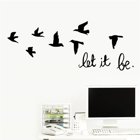 Sticker Mural en PVC Silhouette Oiseaux Let It Be Moderne Minimaliste Noir Décalcomanie Murale pour Salon Chambre à Coucher