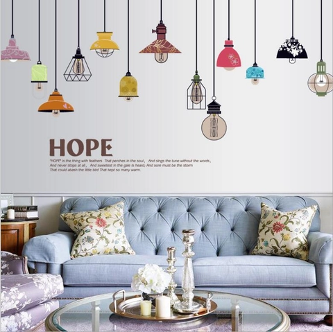 Colorful Hanging Lamps Wall Sticker PVC Removable Creative Hope Poem Mural Decor For Living Room Bedroom Background Home Mural