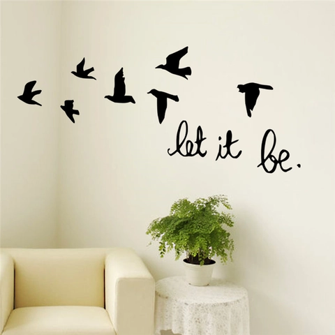 Sticker Mural en PVC Silhouette Oiseaux Let It Be Moderne Minimaliste Noir Décalcomanie Murale pour Salon Chambre à Coucher