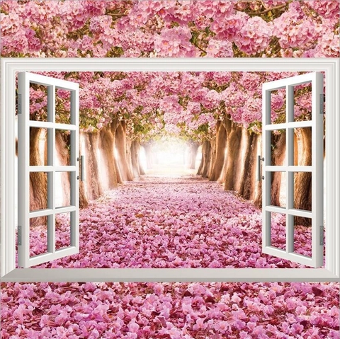 3D Ventana Falsa Paisaje Adhesivo De Pared PVC Impermeable Removible Floral Vista Al Mar Girasol Lavanda Sakura Hogar Decoración Mural