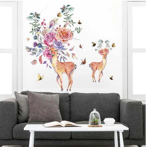Adesivi Murali in PVC a Forma di Cervo con Fiori Acquerello Decalcomanie Removibili con Corna Floreali per Soggiorno Camera da Letto
