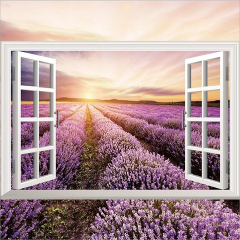 3D False Window Landscape Wall Sticker PVC Waterproof Removable Floral Sea View Sunflower Lavender Sakura Home Decor Mural