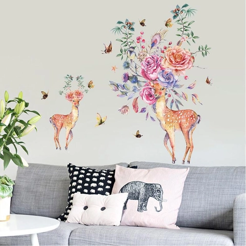 Adesivi Murali in PVC a Forma di Cervo con Fiori Acquerello Decalcomanie Removibili con Corna Floreali per Soggiorno Camera da Letto