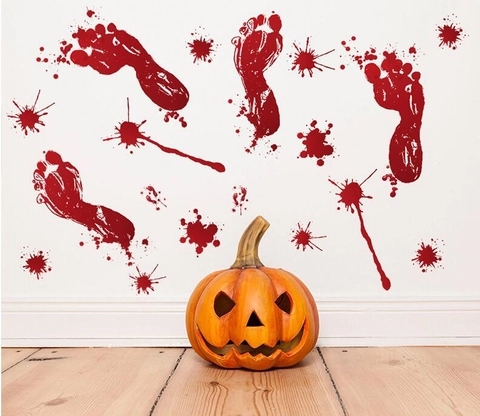 Halloween Bloody Footprints Handprints Stickers PVC Waterproof Red Blood Splatter Decals For Window Glass Floor Party