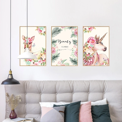 Sticker Mural Dessin Animé Licorne Cerf Fleur Murale Décorative en PVC Amovible pour Salon Chambre d'Enfant Décor de Fond