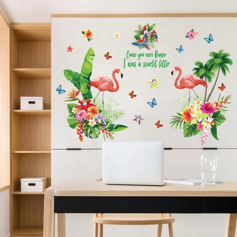 Adesivo Murale Tropicale con Fenicottero e Foglie di Palma in PVC Removibile Piante Tropicali Fiori Farfalla Pappagallo