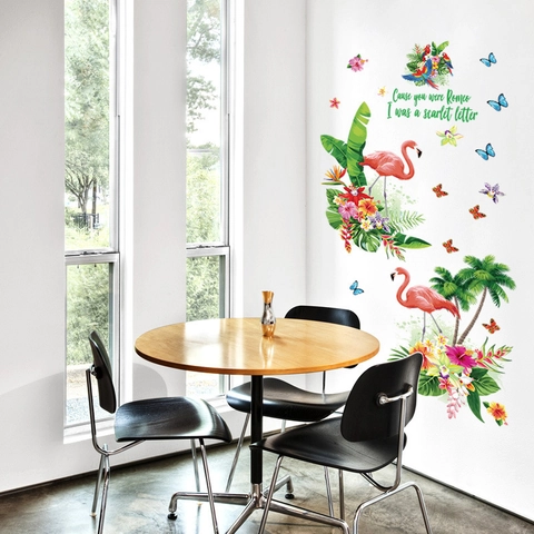 Adesivo Murale Tropicale con Fenicottero e Foglie di Palma in PVC Removibile Piante Tropicali Fiori Farfalla Pappagallo