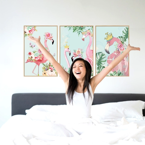 Adesivo Murale in PVC Fenicottero Rosa con Corona di Fiori Stile Nordico Impermeabile per Decorazione Parete Soggiorno Camera