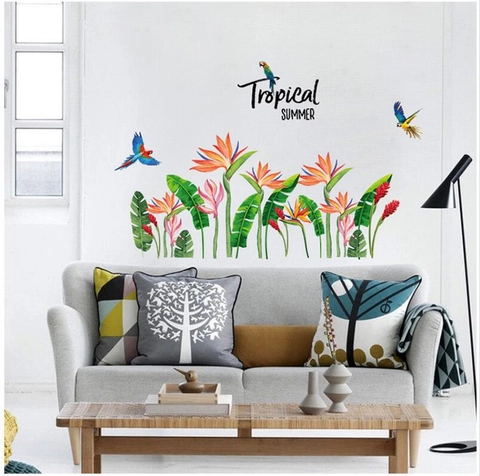 Tropischer Paradiesvogel Blume Und Papagei Wandtattoo PVC Abnehmbare Dschungel Palmblatt Wandaufkleber Für Wohnkultur