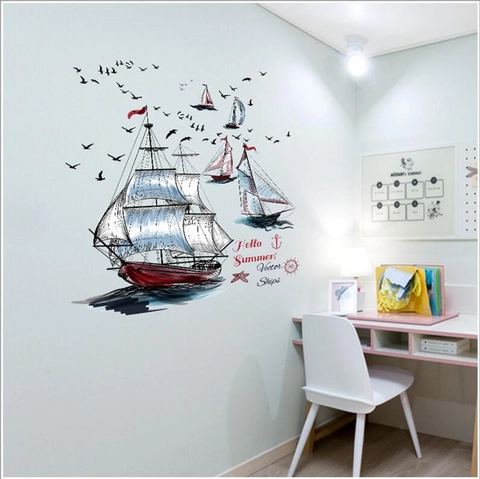 Aquarell Nautische Segelboot Wandaufkleber Abnehmbare PVC Möwen Anker Schiff Ruder Wandtattoo Für Wohnkultur