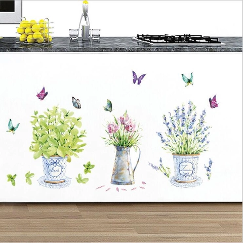 Adesivi Murali Piante In Vaso E Farfalle In Acquerello PVC Rimovibili Impermeabili Decalcomanie Per Soggiorno Camera Da Letto Cucina