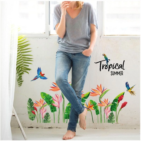 Tropischer Paradiesvogel Blume Und Papagei Wandtattoo PVC Abnehmbare Dschungel Palmblatt Wandaufkleber Für Wohnkultur