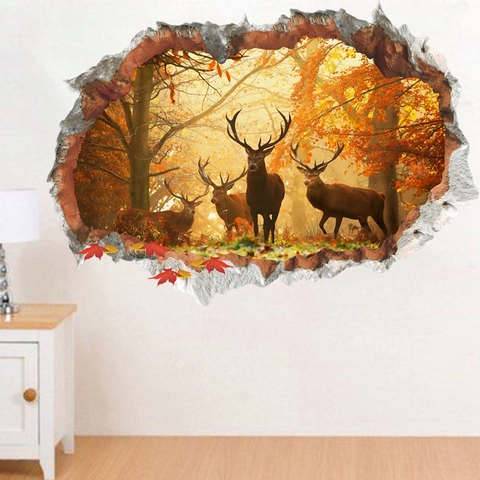 3D Durchbruchwand Effekt Elch Wald Wandtattoo Wasserdicht Abnehmbar PVC Wandbild Für Wohnzimmer Schlafzimmer Deko