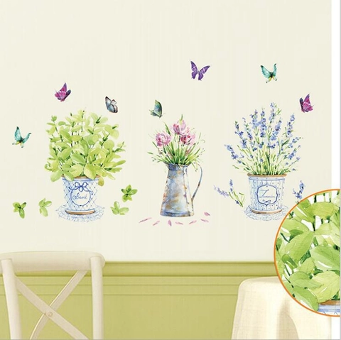 Adesivi Murali Piante In Vaso E Farfalle In Acquerello PVC Rimovibili Impermeabili Decalcomanie Per Soggiorno Camera Da Letto Cucina