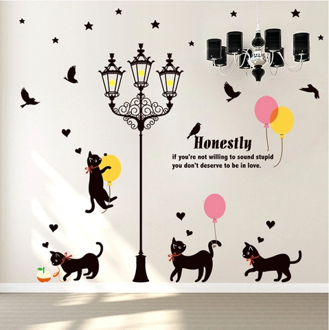 Adesivo da Parete Creativo Rimovibile Gatto Lampione PVC Impermeabile Murale Fai da Te per Soggiorno Camera da Letto Decorazione