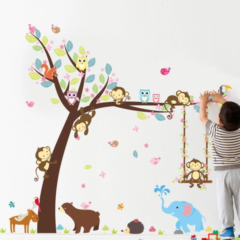 Pegatina de Pared Mono de Dibujos Animados Árbol Animales del Bosque PVC Extraíble para Habitación Niños Decoración