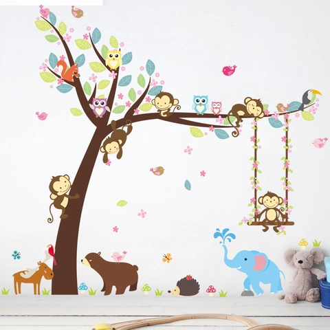 Pegatina de Pared Mono de Dibujos Animados Árbol Animales del Bosque PVC Extraíble para Habitación Niños Decoración