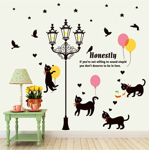 Adesivo da Parete Creativo Rimovibile Gatto Lampione PVC Impermeabile Murale Fai da Te per Soggiorno Camera da Letto Decorazione