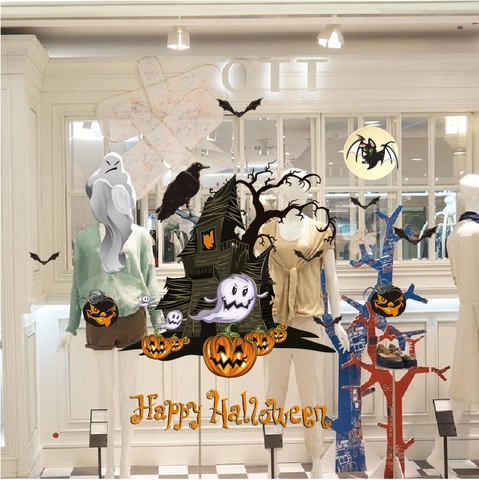 Sticker Fenêtre Statique Halloween Fantôme Château Citrouille PVC Amovible Imperméable Décalcomanie Murale Pour Fête Maison