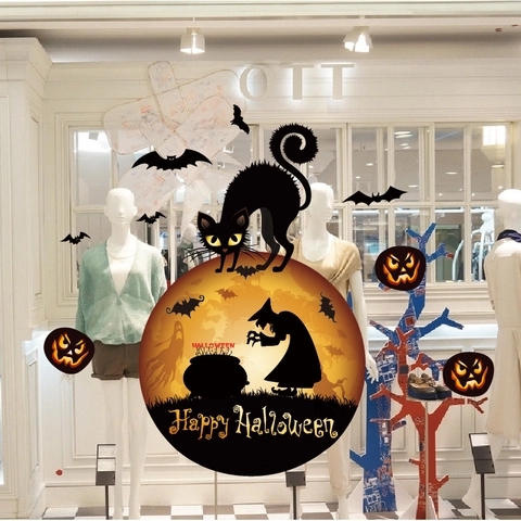 Halloween Strega Gatto Zucca Pipistrelli Adesivo Elettrostatico Finestra PVC Rimovibile Impermeabile Decorazione Casa
