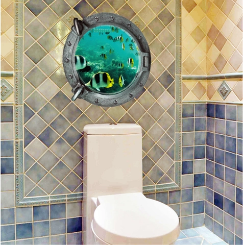 Adhesivo de Pared de Ojo de Buey de Submarino 3D de PVC Impermeable Removible Mundo Submarino Peces Tropicales Arrecife de Coral