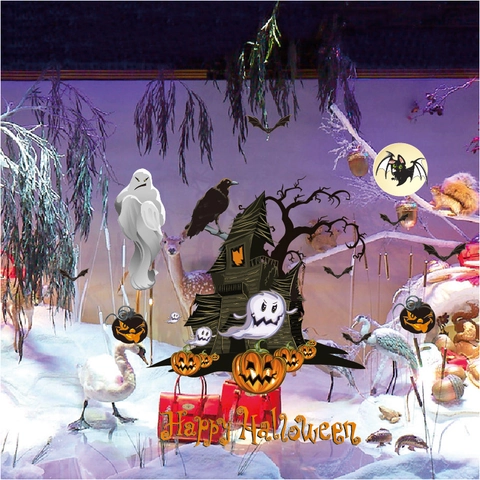 Sticker Fenêtre Statique Halloween Fantôme Château Citrouille PVC Amovible Imperméable Décalcomanie Murale Pour Fête Maison