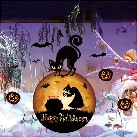 Halloween Strega Gatto Zucca Pipistrelli Adesivo Elettrostatico Finestra PVC Rimovibile Impermeabile Decorazione Casa