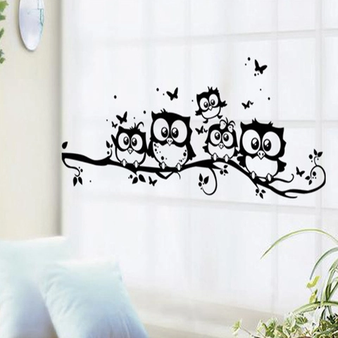Vinilo Decorativo Búho Dibujos Animados Rama Árbol Impermeable PVC Silueta Negra Calcomanía para Dormitorio Niños Hogar