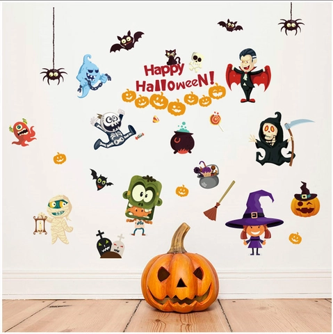 Pegatinas de Pared de Halloween Dibujos Animados PVC Removibles Calabaza Fantasma Murciélago Bruja Decoración Salón Ventana