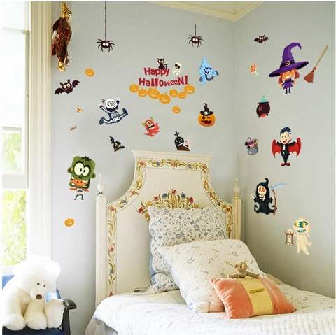 Pegatinas de Pared de Halloween Dibujos Animados PVC Removibles Calabaza Fantasma Murciélago Bruja Decoración Salón Ventana