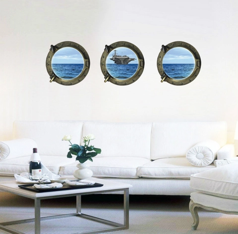 3D Bullauge Wandtattoo 3 Stück Set PVC Wasserdicht Flugzeugträger Ozean Muster Aufkleber Für Wohnzimmer Schlafzimmer Deko