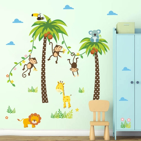 Cartoon Jungle Animal Wall Stickers For Kids Room Monkey Giraffe Palm Tree PVC Removable DIY Nursery Kindergarten Wall Decals Decor