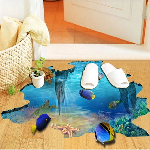 Pegatina de Suelo 3D Mundo Submarino Tortuga Marina Pez Arrecife de Coral Removible PVC Impermeabile Decoración