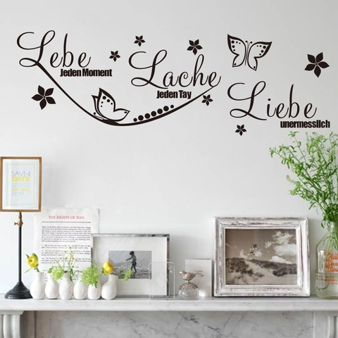 German Quote Lebe Lache Liebe Wall Sticker Butterfly Flower PVC Waterproof Removable Decal For Living Room Bedroom Decor